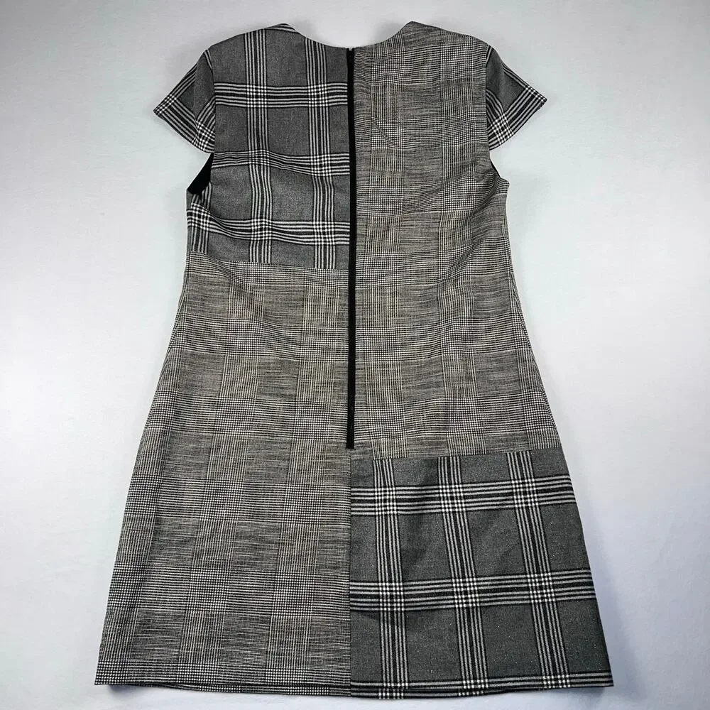Alice + Olivia Coley Plaid Patchwork Mini Shift Dress Grey Wool Blend Size 12